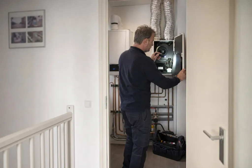 Een monteur bekijkt met een zaklamp de geopende ventilatiebox in een technische kast naast de cv-ketel