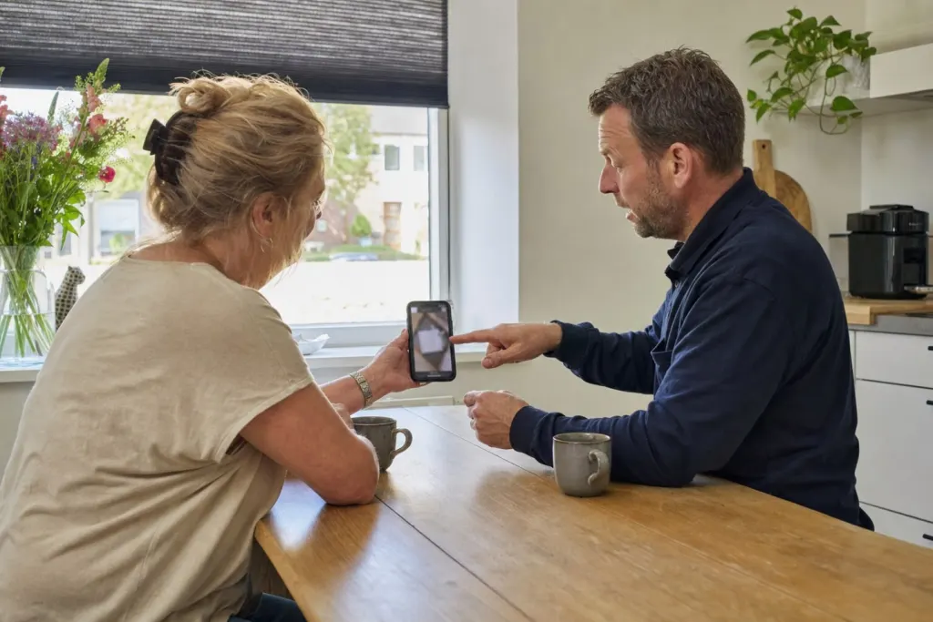 Aan de keukentafel laat een bewoner op haar telefoon een foto van haar ventilatie-unit zien; de monteur wijst en legt uit