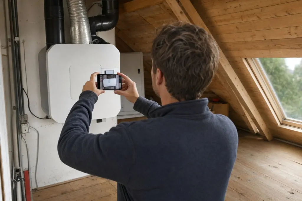 Een bewoner fotografeert met zijn telefoon de ventilatiebox op zolder voor zijn aanvraag