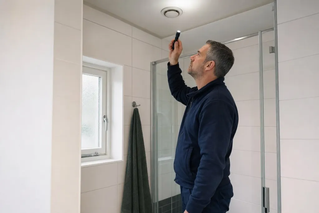 Een monteur bekijkt met een zaklamp het afzuigventiel in het plafond van een badkamer