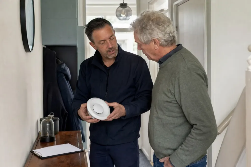 In de gang laat een monteur een bewoner een schoongemaakt plafondventiel zien en legt uit wat hij heeft gedaan