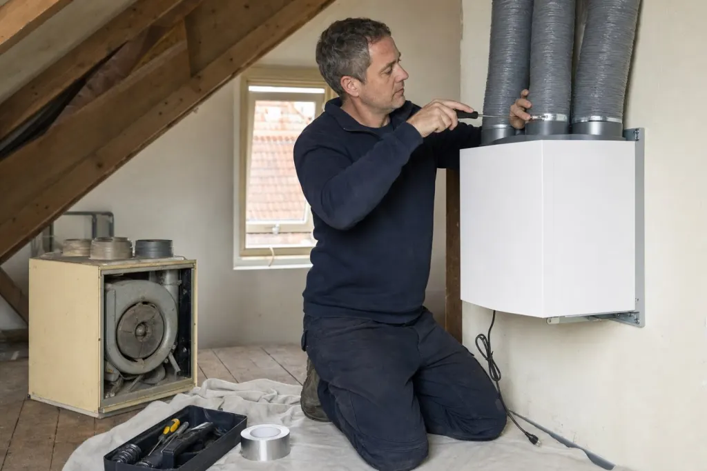 Op zolder sluit een monteur een nieuwe ventilatiebox aan op de kanalen; de oude, vergeelde box staat losgekoppeld op de vloer