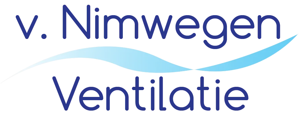 Logo v. Nimwegen Ventilatie: donkerblauwe letters met een lichtblauwe golf tussen de twee regels